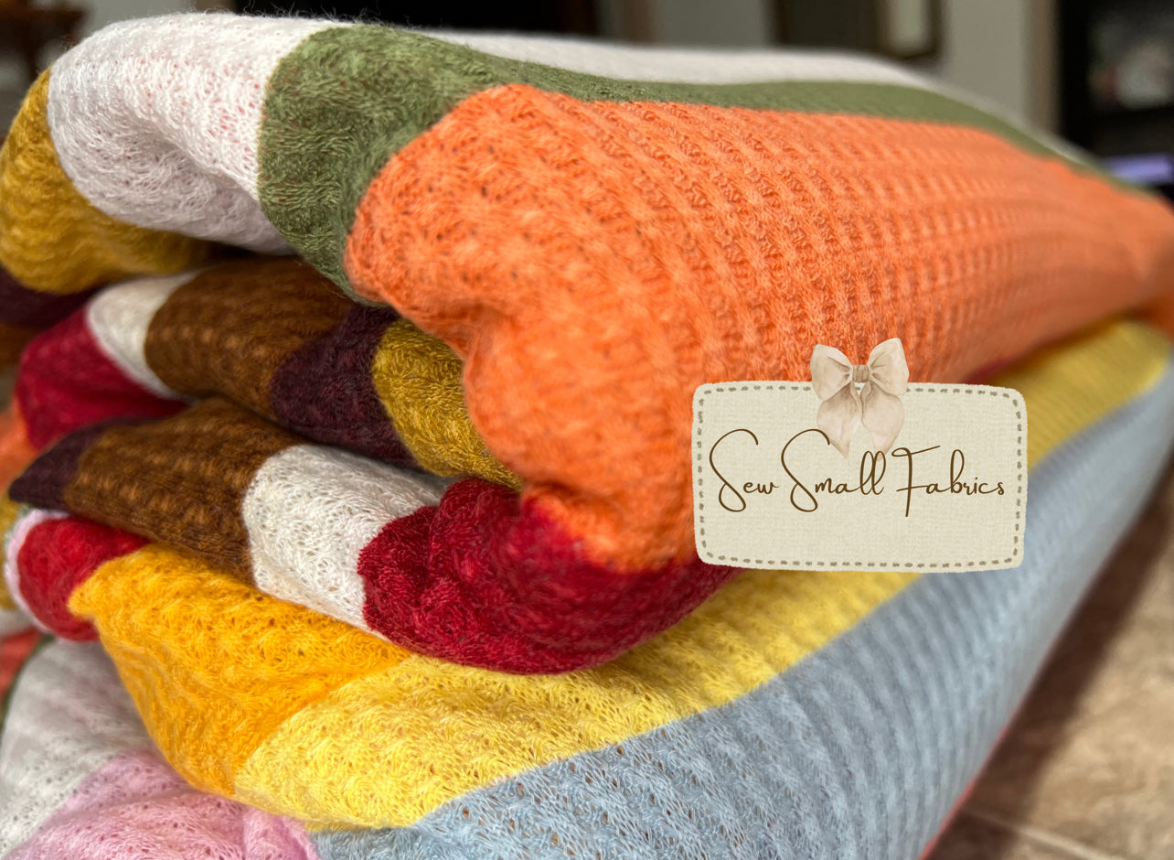 Bright Yellow/Salmon/Blue/Orange MULTICOLOR STRIPE PRINTED ON POLYESTER RAYON SPANDEX WAFFLE
