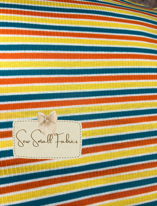 Orange/Teal/ Yellow  MULTICOLOR YARN DYE 4X2 RIB POLYESTER RAYON SPANDEX